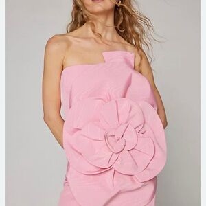 Bardot Strapless Pink Dress with Floral Accent